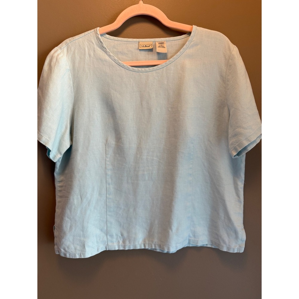 90s Vintage Linen LL Bean Womens Light Blue  Short Sleeve Round Neck Top